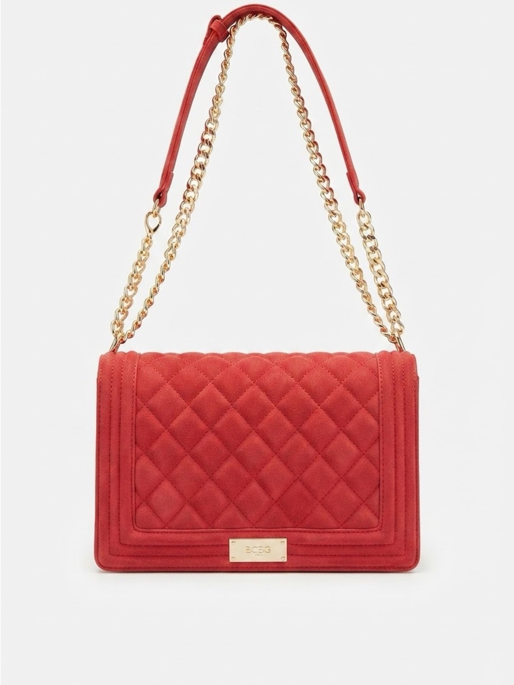 BCBG Paris Red Quilted Suede Chain Shoulder Bag Crossbody Purse Gold Hardware